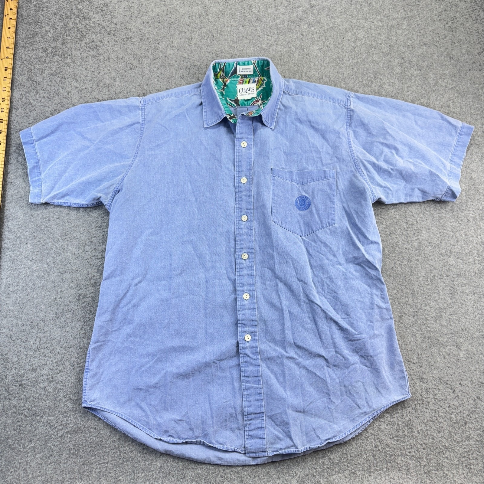 Vintage Chaps Ralph Lauren Denim Shirt L Fish Collar Logo Crest Pocket 90s Usa